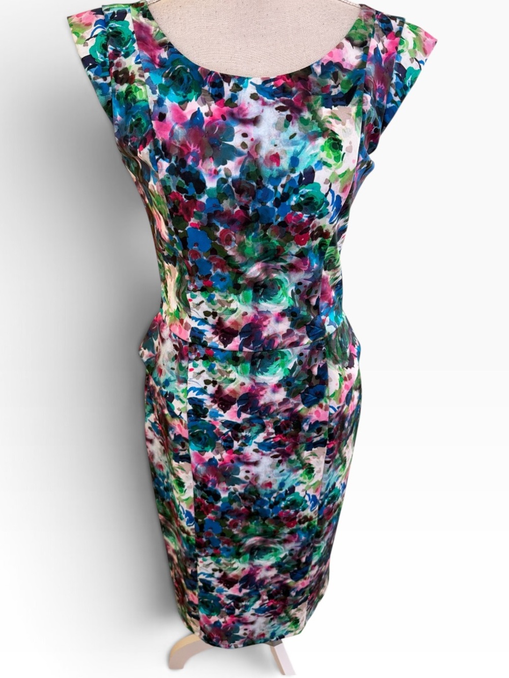 Long Tall Sally Multi Color Watercolor Floral  Cap Sleeve Sheath Dress 8